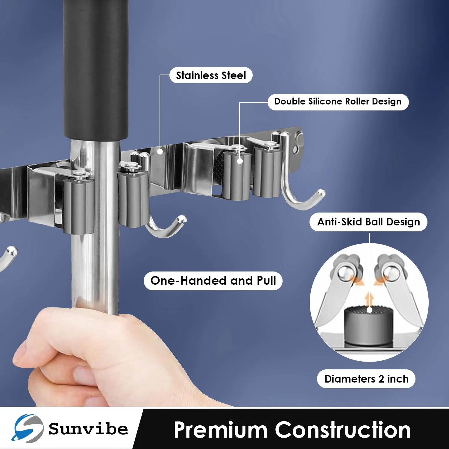 Wall Mounted Stainless Steel Mop and Broom Holder, (2 racks and 3 Hooks) (Silver)