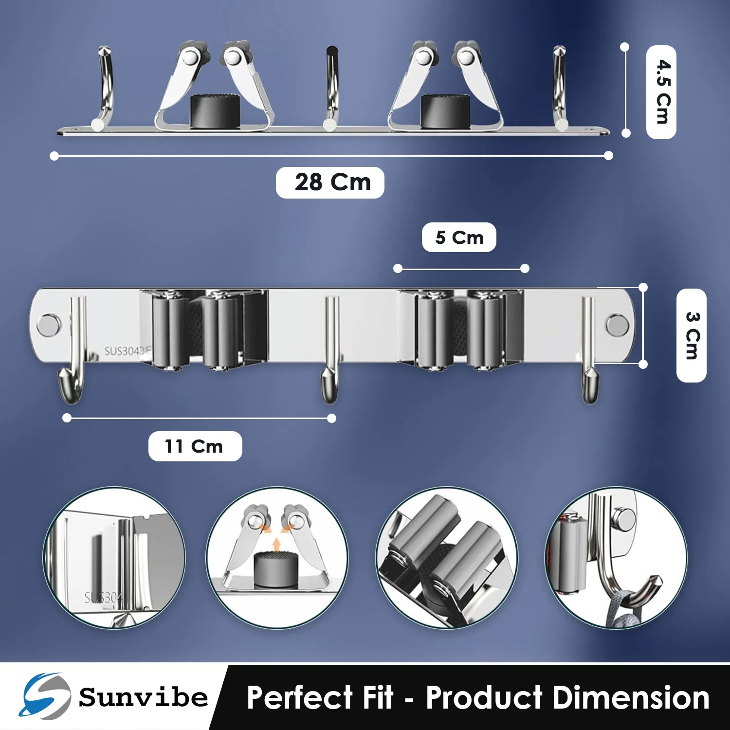 Wall Mounted Stainless Steel Mop and Broom Holder, (2 racks and 3 Hooks) (Silver)