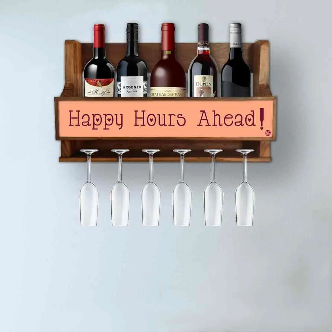 Wall Mounted Wine Holder for Living Room 5 Bottles 6 Glasses - Happy Hours