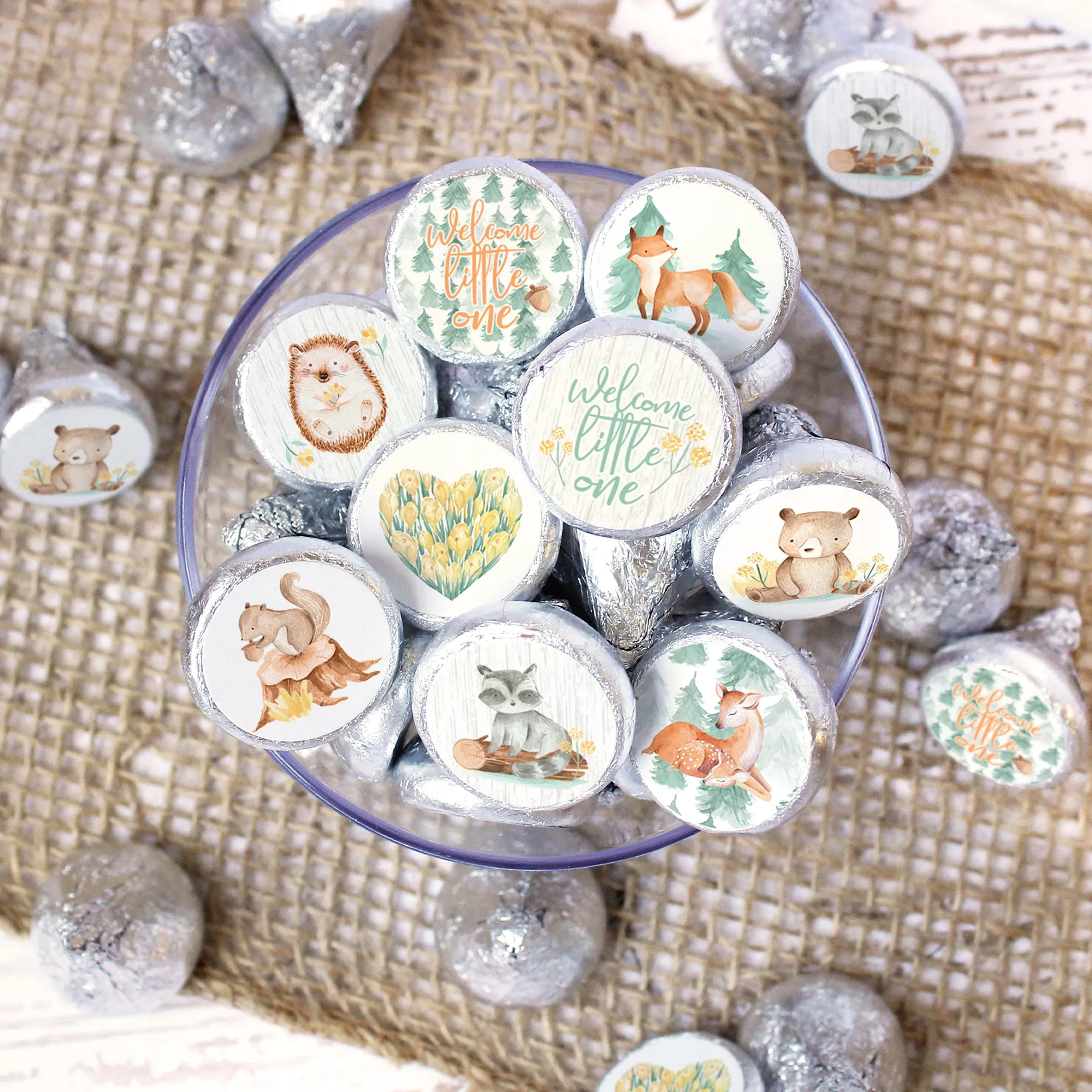 Watercolor Woodland Baby Shower Stickers - Fits on Hershey's Kisses - 180 Pack