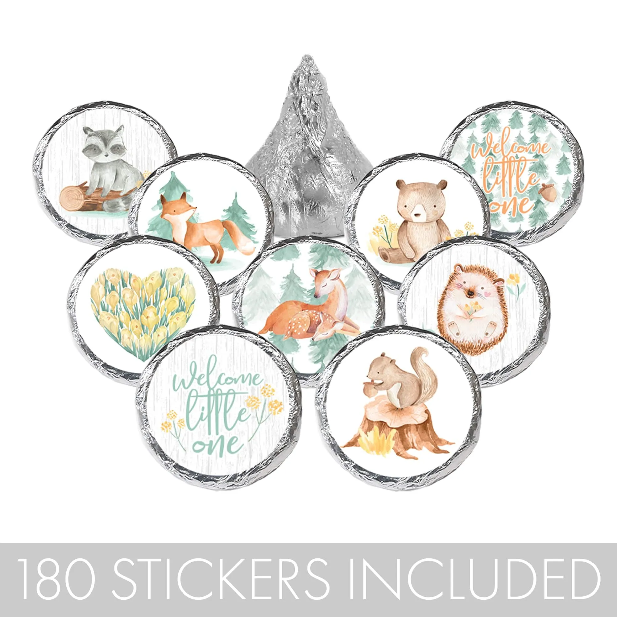 Watercolor Woodland Baby Shower Stickers - Fits on Hershey's Kisses - 180 Pack