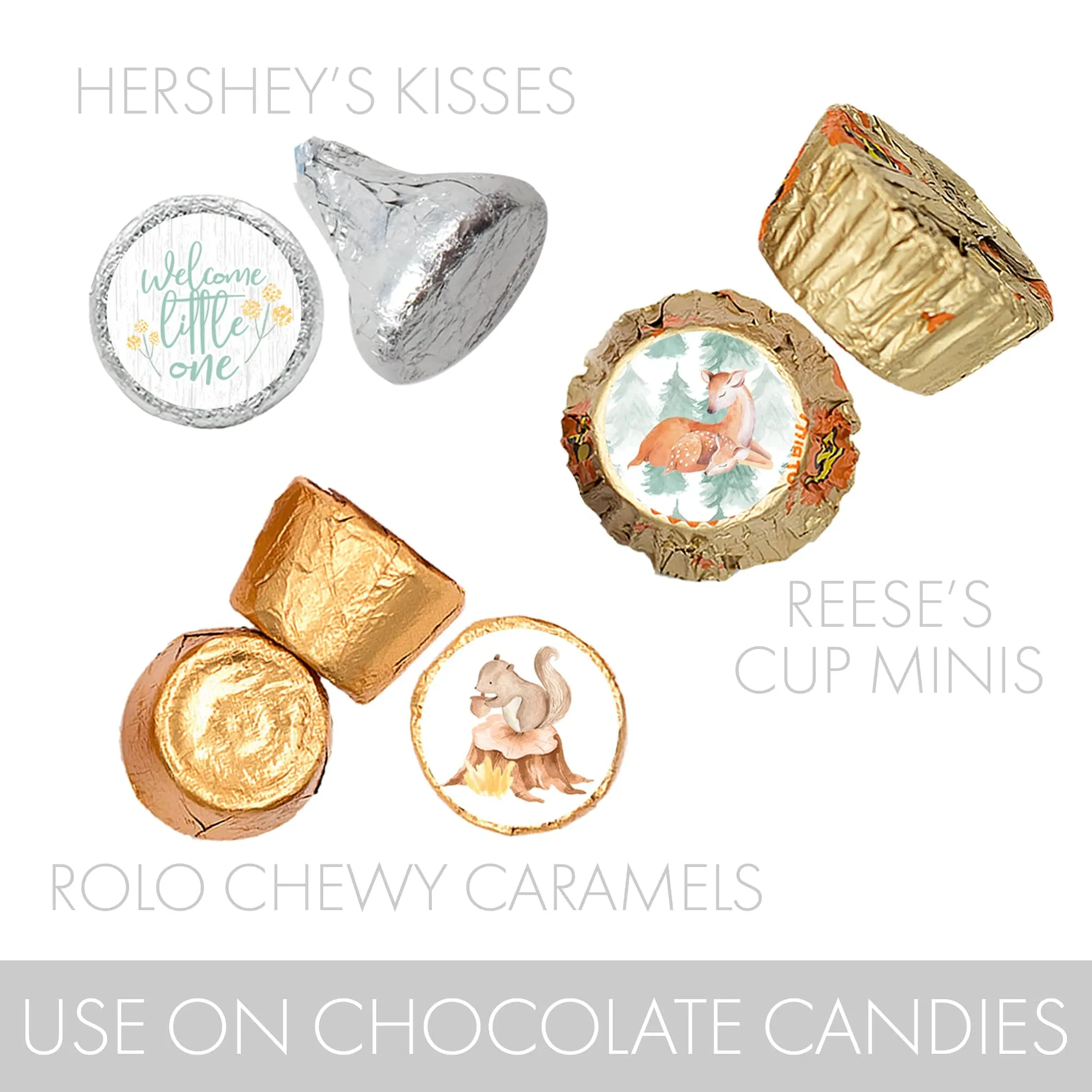 Watercolor Woodland Baby Shower Stickers - Fits on Hershey's Kisses - 180 Pack