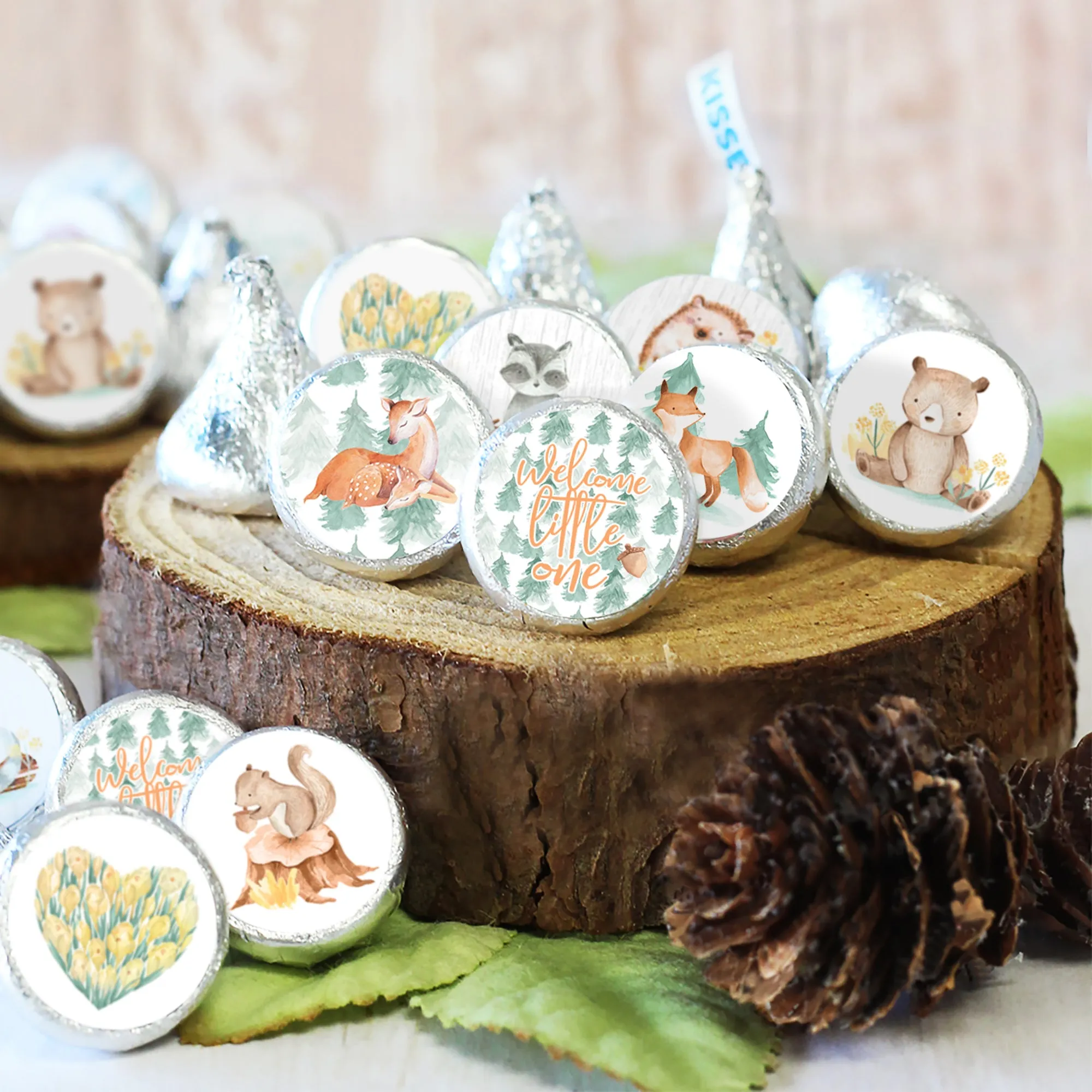 Watercolor Woodland Baby Shower Stickers - Fits on Hershey's Kisses - 180 Pack