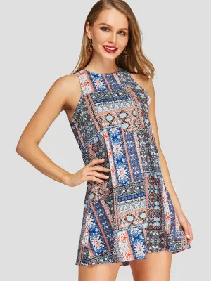 Wholesale Blue Halter Sleeveless Floral Print Mini Dresses