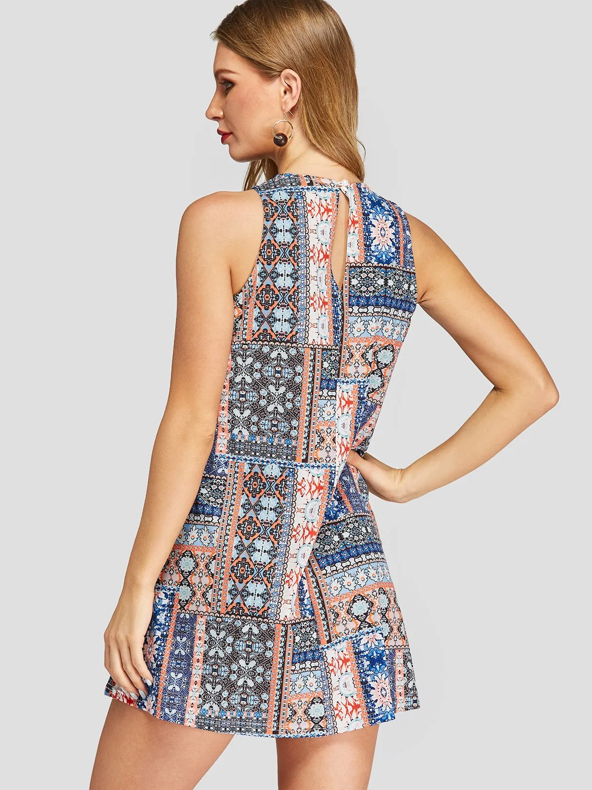 Wholesale Blue Halter Sleeveless Floral Print Mini Dresses