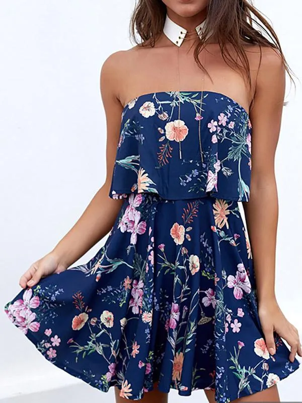 Wholesale Blue Strapless Off The Shoulder Sleeveless Floral Print Tiered Zip Back Backless Mini Dress