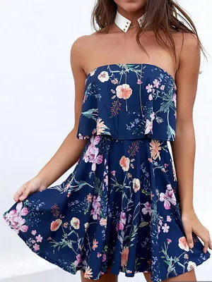 Wholesale Blue Strapless Off The Shoulder Sleeveless Floral Print Tiered Zip Back Backless Mini Dress