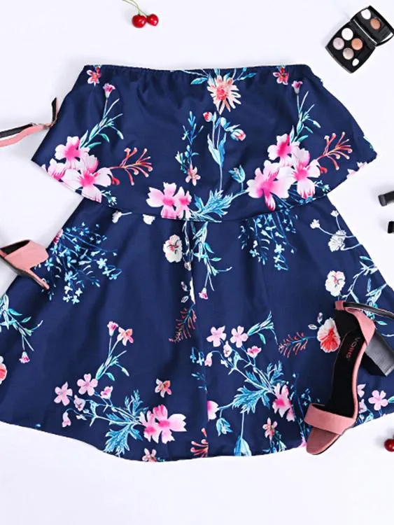 Wholesale Blue Strapless Off The Shoulder Sleeveless Floral Print Tiered Zip Back Backless Mini Dress