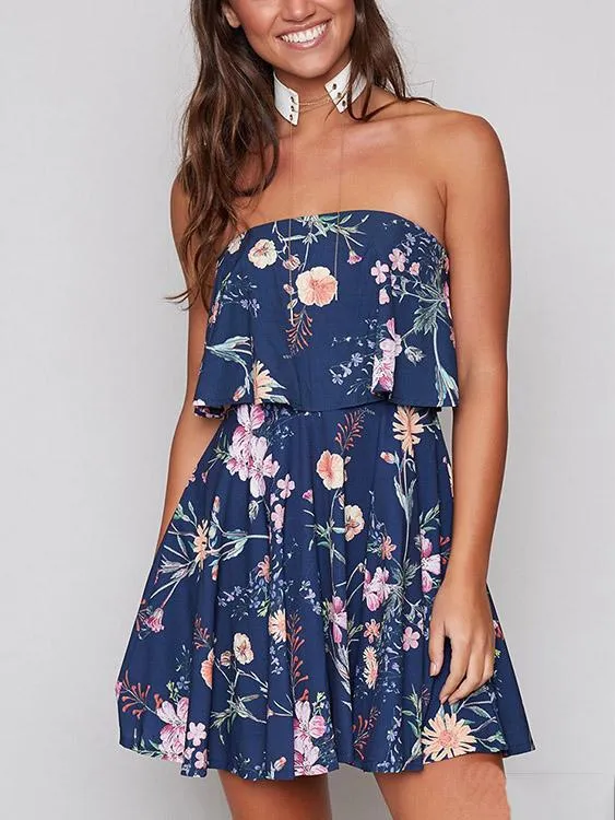 Wholesale Blue Strapless Off The Shoulder Sleeveless Floral Print Tiered Zip Back Backless Mini Dress