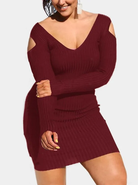 Wholesale Burgundy V-Neck Cold Shoulder Long Sleeve Mini Dress