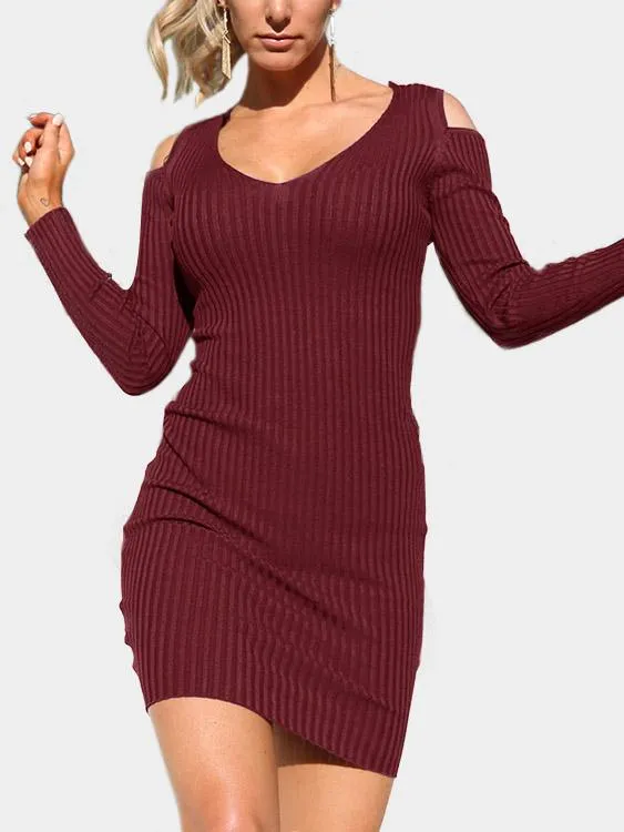 Wholesale Burgundy V-Neck Cold Shoulder Long Sleeve Mini Dress