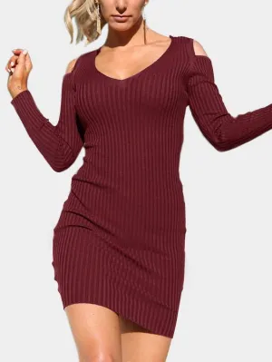 Wholesale Burgundy V-Neck Cold Shoulder Long Sleeve Mini Dress
