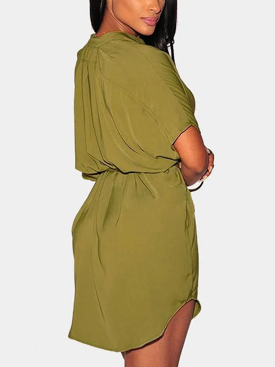 Wholesale Dark Green V-Neck Curved Hem Mini Dress