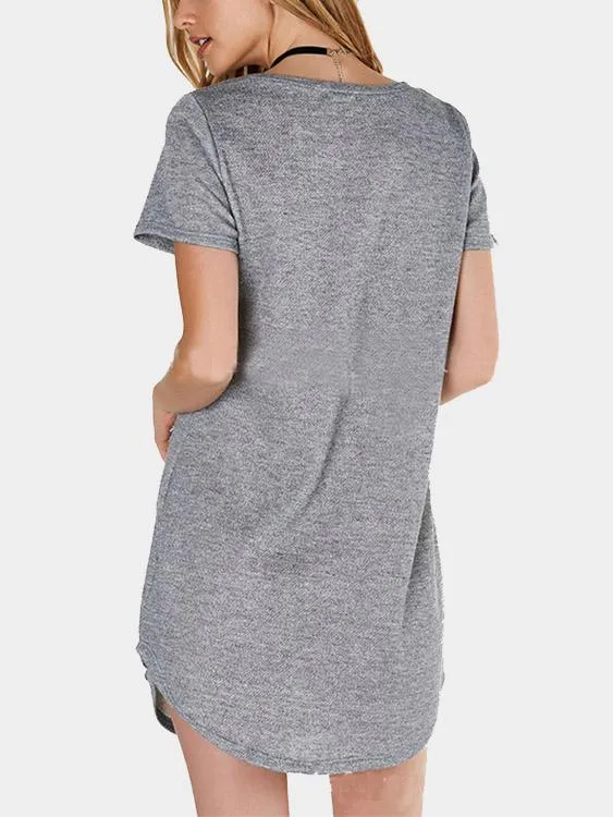 Wholesale Grey Round Neck Short Sleeve Embroidered Curved Hem Mini Dress
