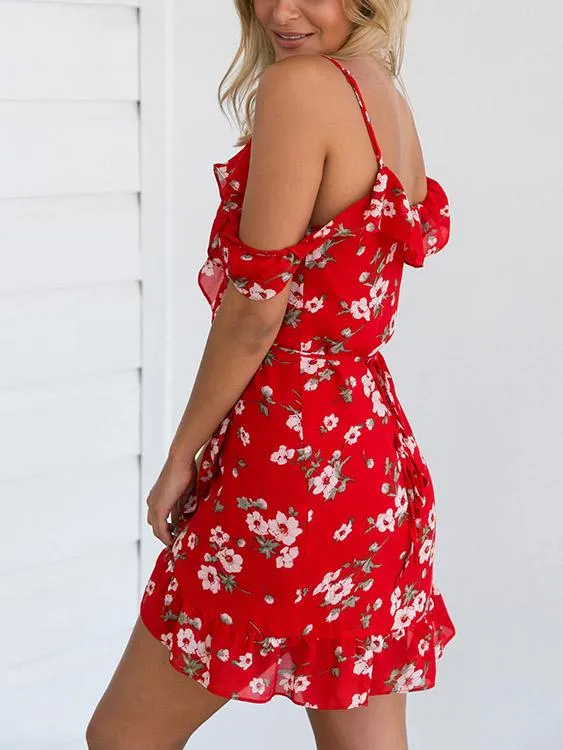Wholesale Red Short Sleeve Floral Print Lace-Up Wrap Mini Dress