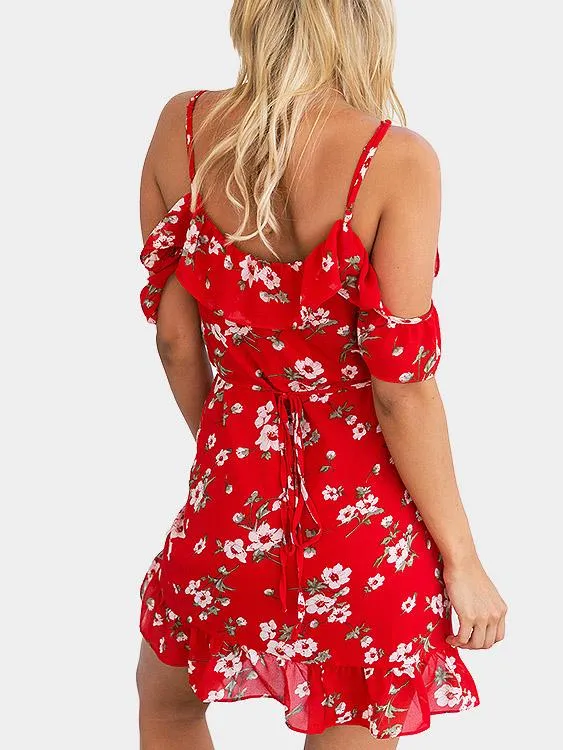 Wholesale Red Short Sleeve Floral Print Lace-Up Wrap Mini Dress