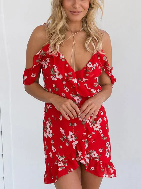 Wholesale Red Short Sleeve Floral Print Lace-Up Wrap Mini Dress