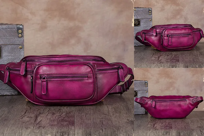 Womens Purple Leather Fanny Pack Waist Bag Chest Bag For Women
