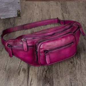 Womens Purple Leather Fanny Pack Waist Bag Chest Bag For Women